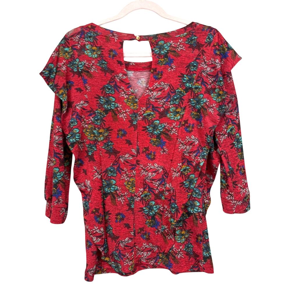 Free People Womens S Red Floral Dock Street Ruffle Stretch Boho Top NEW - Picture 3 of 8